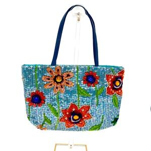 Christiana Beaded Sequin Flower Tote Bag Blue Orange Sparkle Colorful Purse